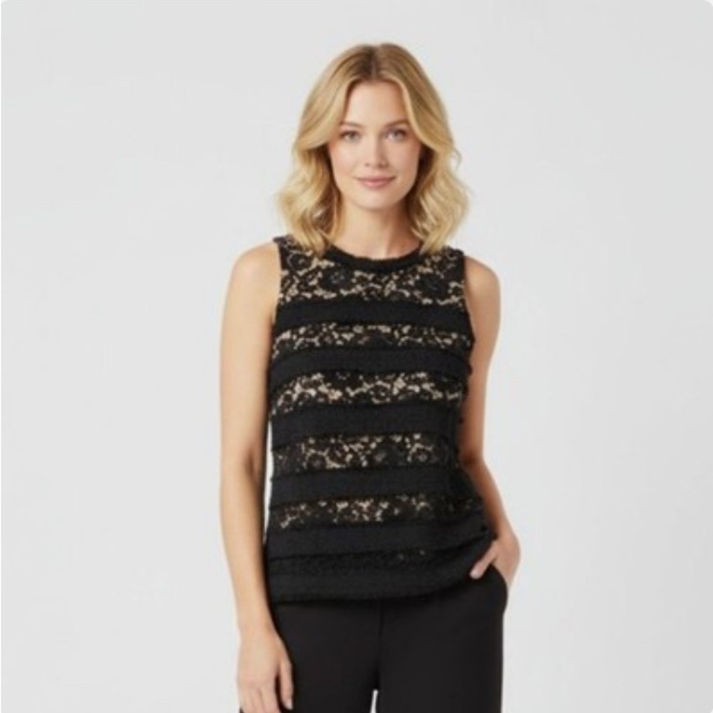 J Crew Women's Black Nude Fringe Lace Sleeveless Tank Top Shirt NWT - Size M
